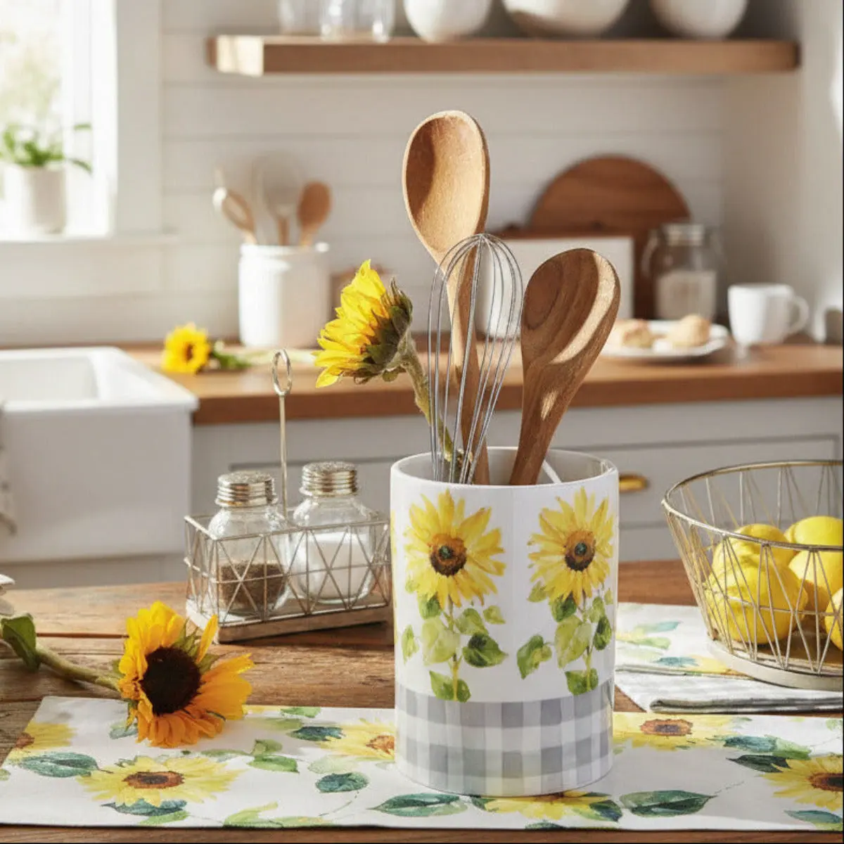 Grey and White Checks Ceramic Sunflower Round Utensil Crock - Durable Storage Organizer, Rustic Farmhouse Jar, Multifunctional Kitchen Home Supplies Holder, Dishwasher Safe Planter