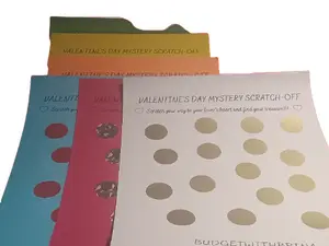 BUDGETWITHBRINA Valentine's Day Mystery Scratch-Off Savings Challenge with Various Designs and Messages for Financial Responsibility and Fun