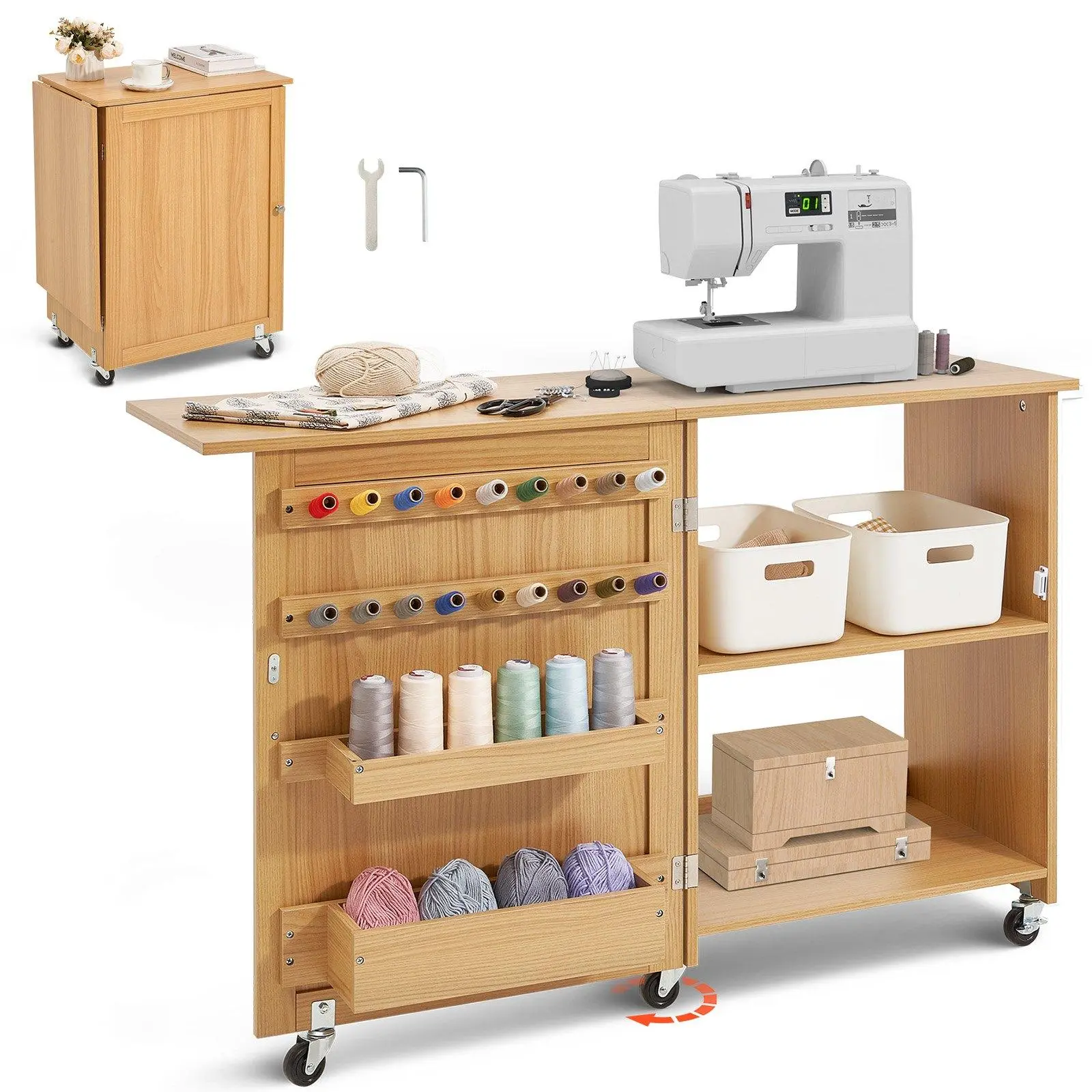 【Summerfinds】Folding Sewing Table with Lockable Wheels Storage Shelves Trays Door Wood Color