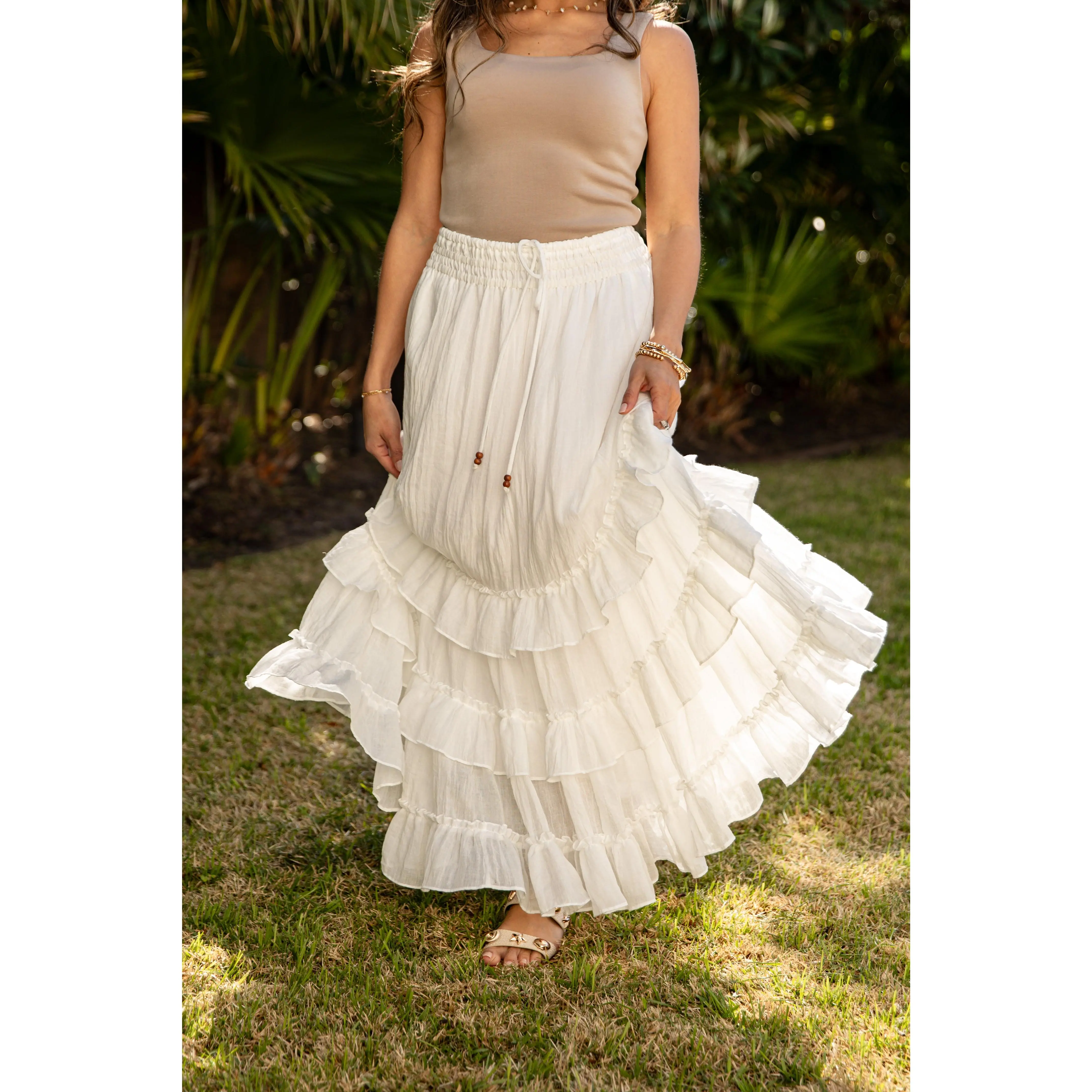 FINAL SALE - Relaxed Yet Polished Tiered Ruffle White Maxi Skirt