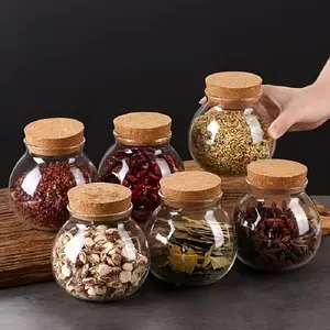 Glass Tea Jar with Cork Stopper, Round Sealed Food Storage Jar for Grain, Spice, Nut, Reusable Food Preservation Canister, Kitchen Home Organizer, Glass Spice Jars