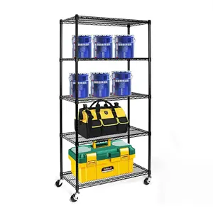 5-Tier NSF-Certified Steel Wire Shelving with Wheels Black Organiser Racks