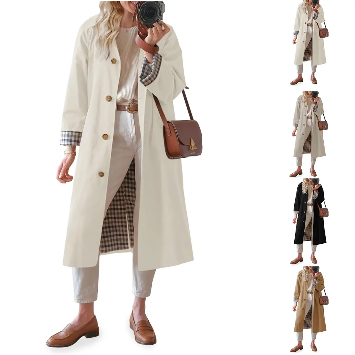 Wandal Women Classic Collar Long Trench Coat Single Breasted Plaid Lined Windbreaker 2026 Spring Fall Fashion Loose Mid Long Overcoat Daily Commute Travel Outerwear OOTD