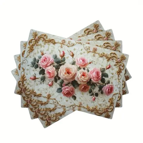4-piece/6-piece linen kitchen Home decorative placemat with retro floral pattern, heat-resistant, non slip, and washable, suitable for decorating holiday family gatherings and parties, Washable Placemats
