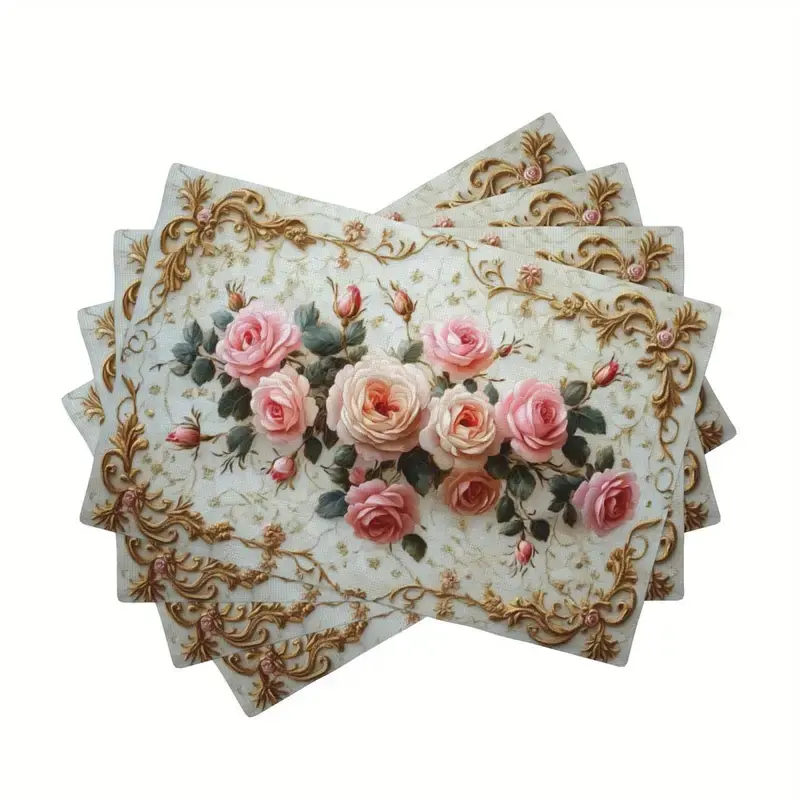 4-piece/6-piece linen kitchen Home decorative placemat with retro floral pattern, heat-resistant, non slip, and washable, suitable for decorating holiday family gatherings and parties, Washable Placemats