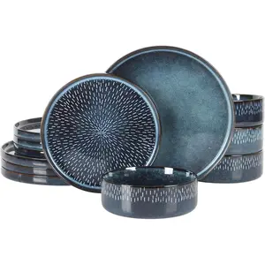 Gibson Elite 12 Piece Matisse Moderna Stoneware Reactive Glaze Dinnerware Set - Cobalt Blue