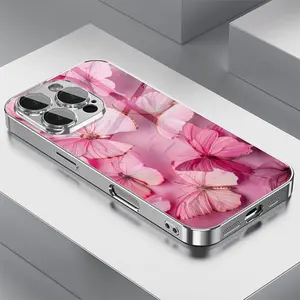 Romantic Pink Butterfly Element Pattern Electroplated Anti-fall Glass Phone Case,for iPhone 17 Pro Max Phone Case 17 Air 16E 16 Pro Max 15 Pro Max 15 Plus 14 Plus 13 12 11 Phone Cases