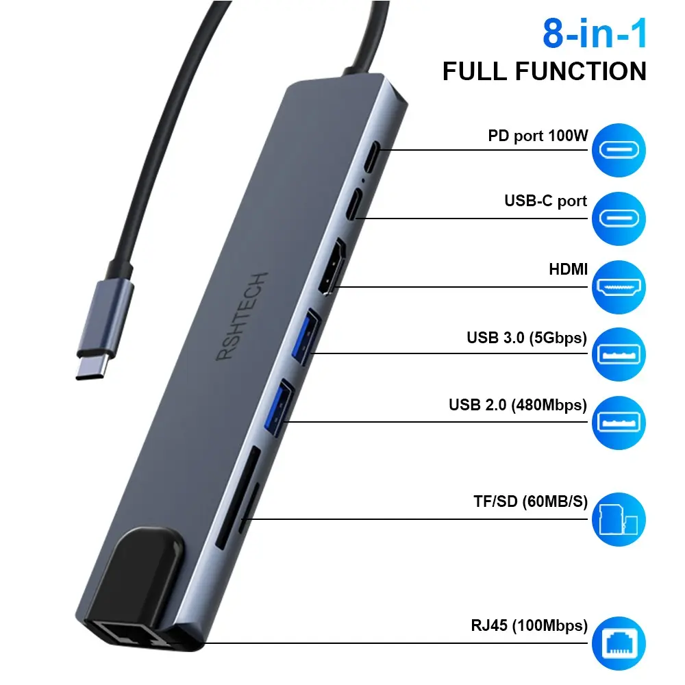 Rshtech 8-In-1 Type C HUB Adapter, 4K HDMI, USB 3.0 5gbps, SD/TF Card Reader, Rj45 Ethernet, PD 100w, Compatible with Macbook, Usb C Adapter Multiport