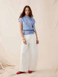 Cider Linen-blend Striped High Neck Knotted Blouse With Scarf