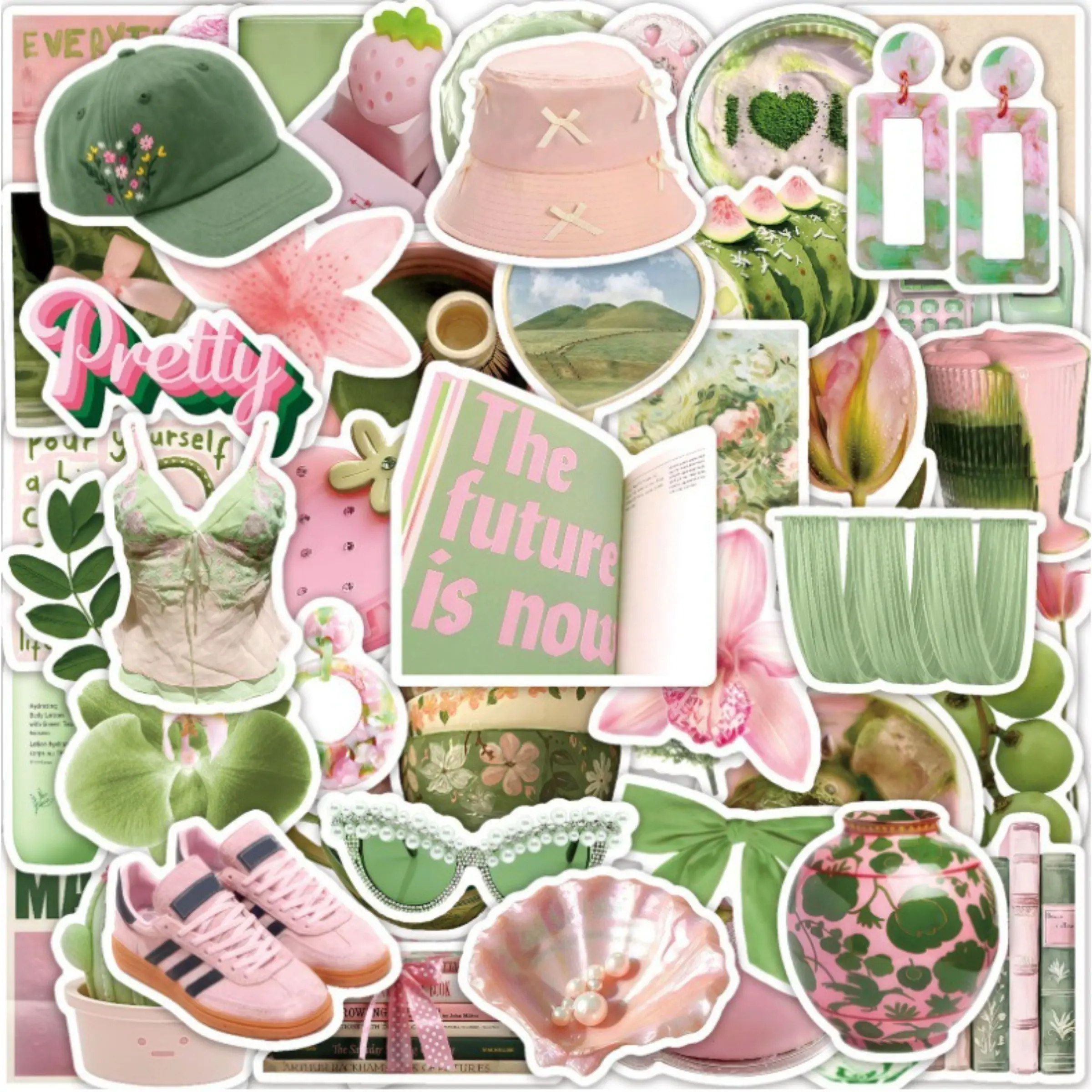 50 Summer-themed Korean-style Pink and Green Stickers, Suitable for Scrapbooks, Diaries, Laptops, Water Bottles, Cars, and Other Items with Designs Based on Beliefs, Making Them A Perfect Gift with Positive Messages.