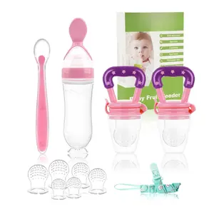 Food Feeder Baby Fruit Feeder Pacifier (3 Pcs) with 6 Different Sized Silicone Pacifiers 2 PCS Silicone Babies Food Dispensing Spoon 90ML with 2 Baby Spoons Bottle Brush Pacifier Clip
