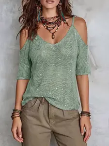 Boho Sequin One-Shoulder Knit Top for Women, Sheer Shoulder Cover-Up, Breathable Mesh Knit Sweater for Spring Summer Fall