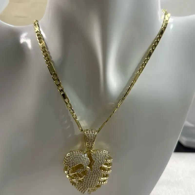 14k Gold Plated Broken Heart Necklace Cubic Zirconia Figaro Chain – Fashion Jewelry Gift 6mm x 22”