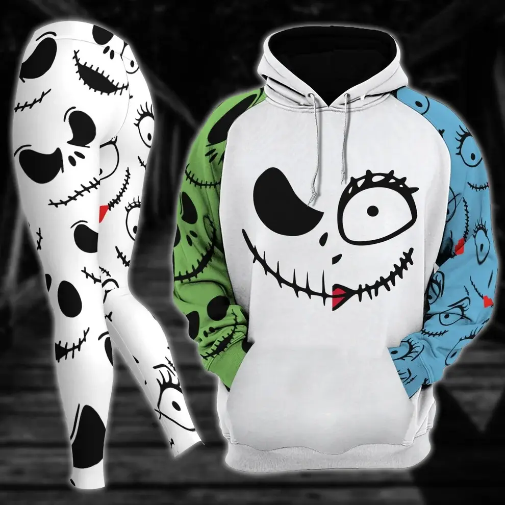 Gothic Skeleton Face Hoodie and Leggings Set, Colorful Halloween Matching Two Piece Outfit, Spooky Cartoon 3D Print Tracksuit for Women