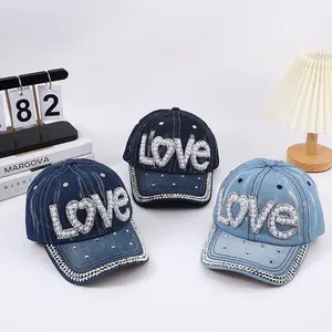 European and American handmade rhinestone-embellished sun protection hat, washed denim LOVE letter baseball cap for women, versatile sunshade from manufacturer
