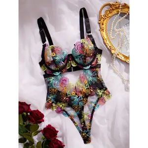 Valentine'S Day Sexy Embroidered Mesh Bodysuit for Women, Polyester and Elastane Blend, Knit Fabric, Adult, with Random Print Design