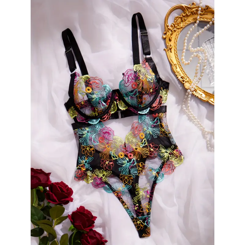 Sexy Floral Embroidery Bodysuit for Women, Semi-Sheer Mesh Knit Valentine's Day Lingerie Teddy, Fabric, Print, Valentines Day