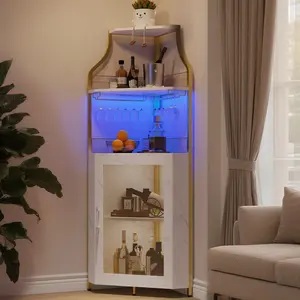 Garvee Corner Bar Cabinet with LED Strip and Glass Holder, Industrial Style Wine and Liquor Cabinet with Adjustable Shelves, 5-Tier Corner Display for Small Spaces, Faux Marble Finish