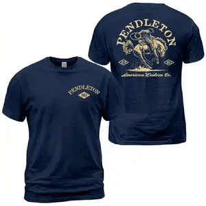 Pendleton American Western Co T-Shirt, Bucking Horse Roping Cowboy Graphic Tee, Pendleton 1863 1870 Woolen Mills Heritage Western Shirt, Casual Daily Wear Tee For Men & Women, Apparel Made In The USA