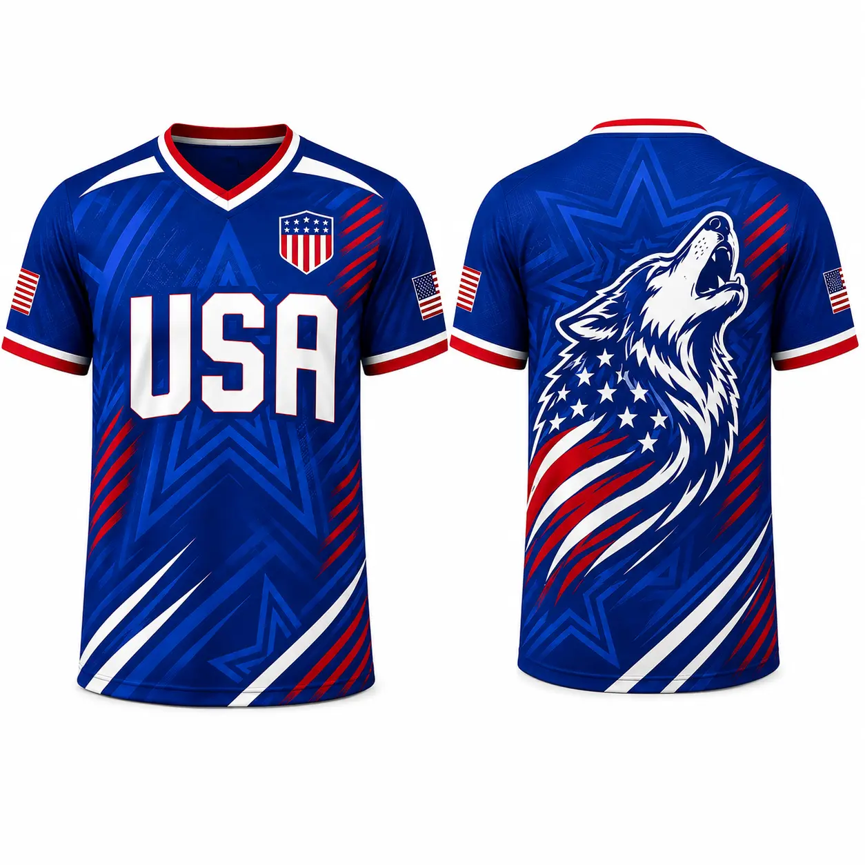 USA-Inspired Patriotic Wolf Graphic V-Neck Sports Jersey for Men & Women, Lightweight Quick-Dry Casual Athletic Top，clothes，outfits，men's wear，men fashion，summer men clothes，fashion men clothes Menswear Stylish Blue