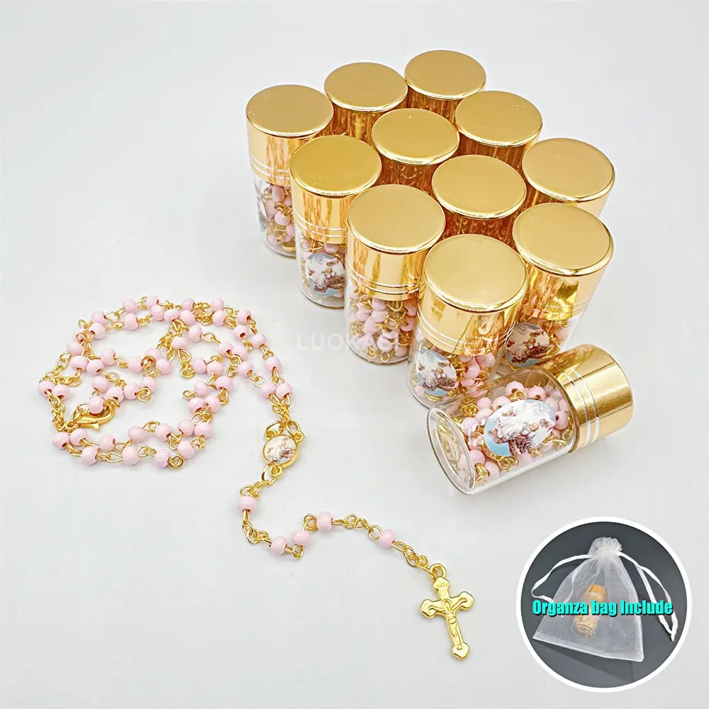 LUOKASI 4/12pcs Baptism Favors Pink Wooden Beads Rosary in Gold Cap Glass Jar Recuerdos De Bautizo Quinceanera Wooden Beaded Christening Quinceanera Holy Communion Gifts