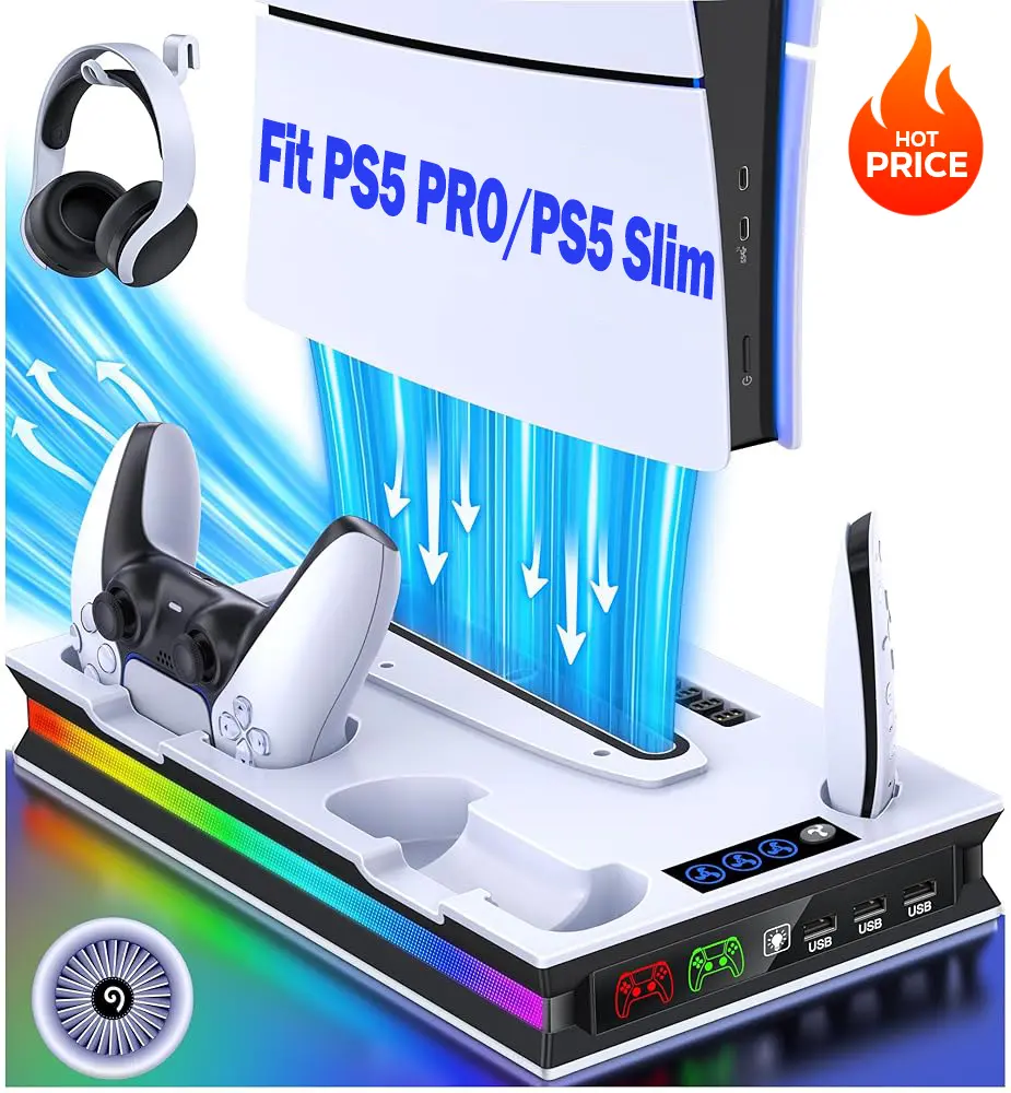 PS5/Pro/Slim Stand and Cooling Station with Controller Charging Station for Playsation 5 Disc Digital Console, PS5 Accessories Incl. 3 Level Cooling Fan, LED, 3 USB Hub, Media Slot, Headset Holder, Memory, Protection