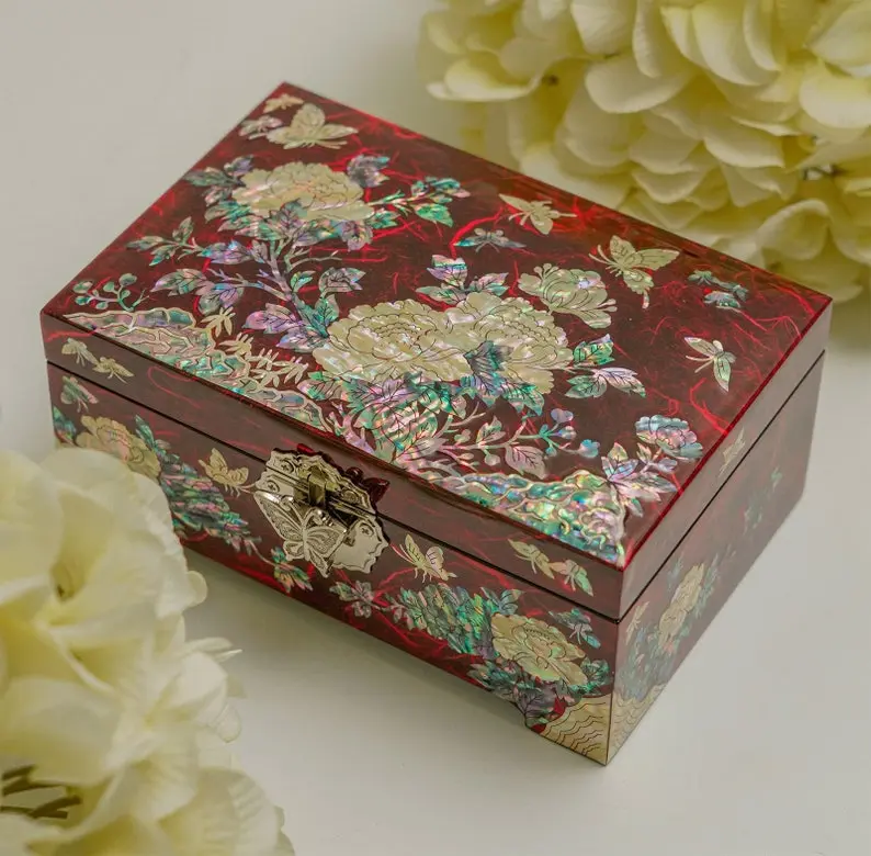 February Mountain Mother of Pearl Large Jewelry Organizer Box for Women with Mirror Lid - Peony with Butterfly Gifts for Women