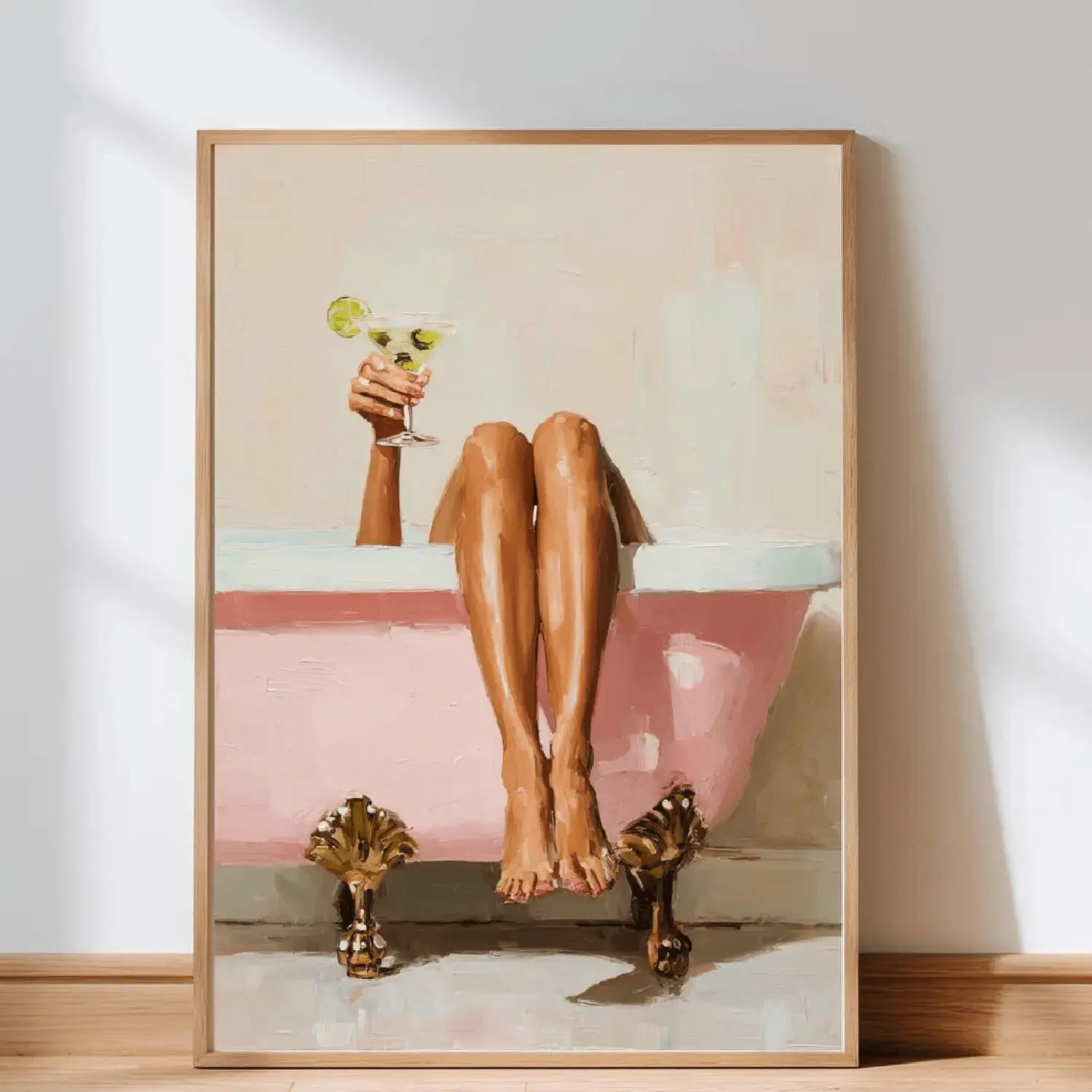 1pc Vintage Pink Bathtub & Martini Canvas Art Print | Women'S Self-Care Cocktail Poster, Unframed Modern Minimalist Bathroom Decor for Bedroom & Living Room, Perfect Gift for Birthdays, Housewarming, Home Decoration, Wall Picture