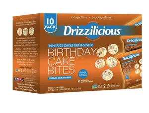 Drizzilicious Mini Rice Cakes Birthday Cake Bites - Vegan Gluten Free Allergen Free Quinoa Chia Flaxseed Snacks 90 Calories 10 Pack Gluten-Free