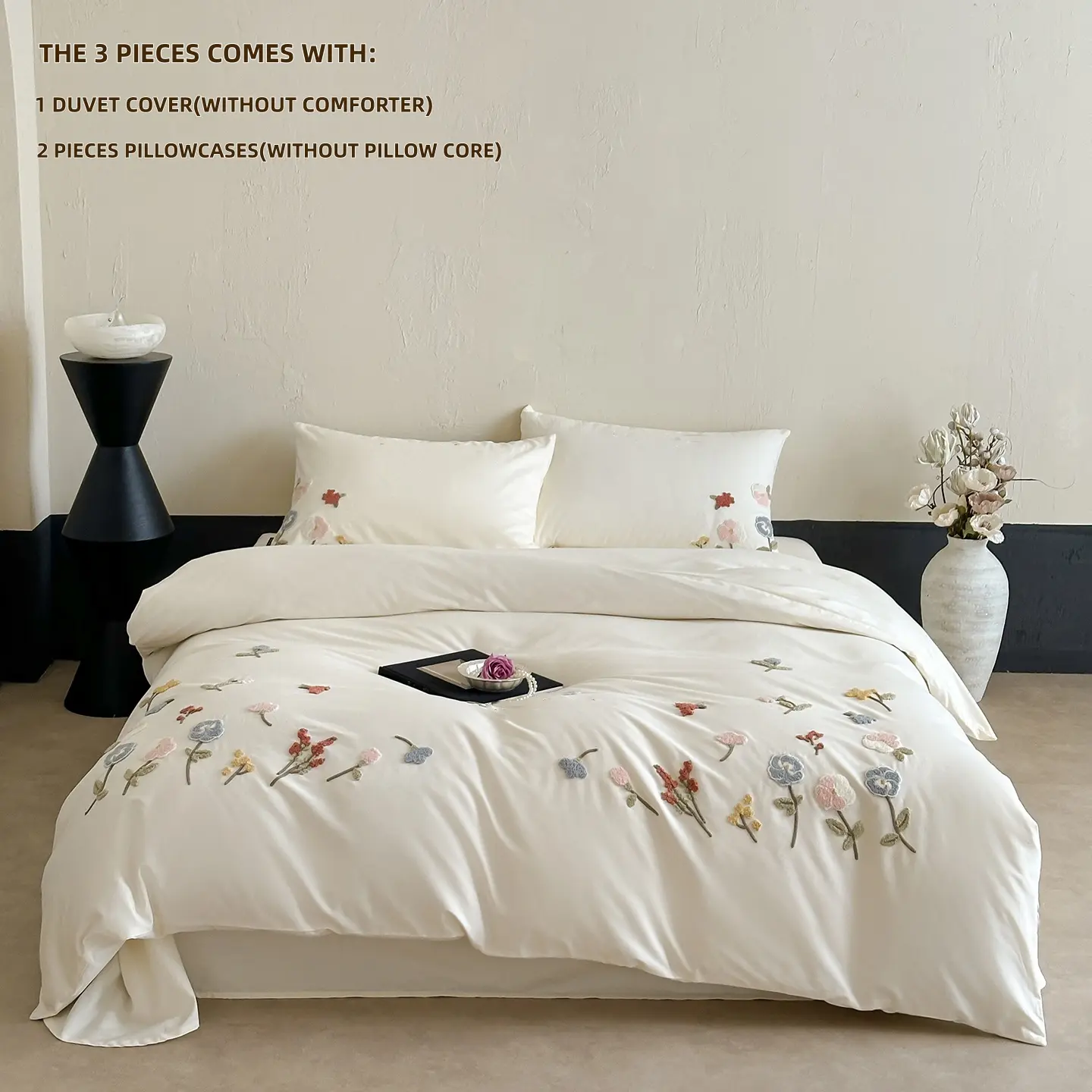 3pcs Embroidered Floral Bedding Set, Includes 1 Ruffled Duvet Cover and 2 Pillowcases, Zipper Design, Soft Fabric, All Seasons, Duvet Cover Sets