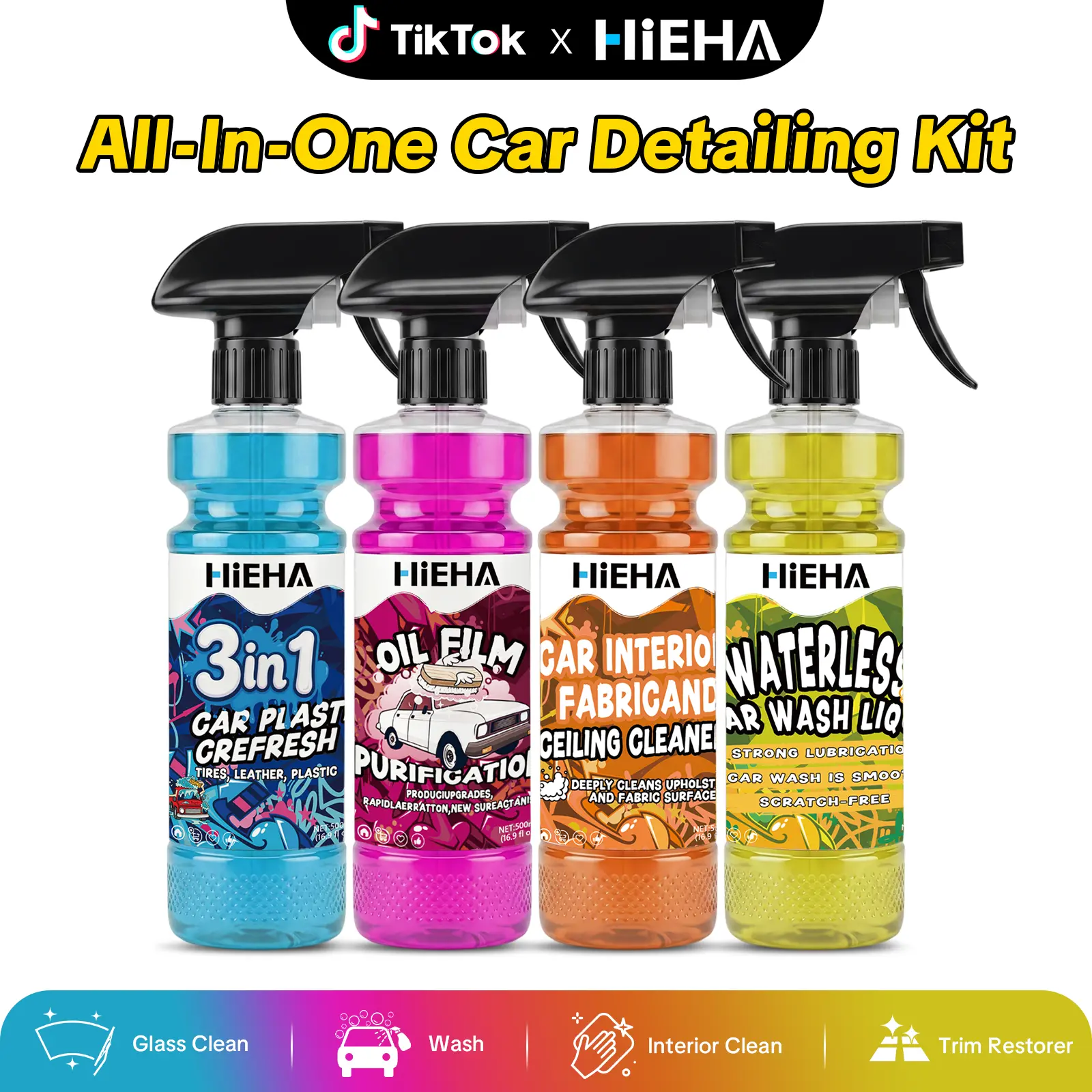 4-in-1 Full Car Detailing Kit, Oil Film Remover, Interior Cleaner, Waterless Wash & Trim Restorer Set, Complete Auto Cleaning Supplies with Microfiber Towels, Sponges & Portable Storage Bag for Vehicle Interior & Exterior Care easy step