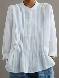 Women's Vintage Cotton Linen Shirt, Stand Collar Pleated Design, Loose Fit Long Sleeve Casual Top, Pure Color Versatile Blouse, Womenswear