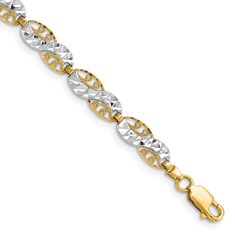 14k Yellow & Rhodium 5.3 mm  Diamond-Cut Filigree Link Bracelet (5.15 grams)