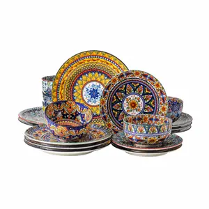 Bohemian Dinnerware Set for 6, 18-Piece Vintage Ceramic Plates and Bowls, Colorful Tableware for Family Meals, Dinner Parties and Everyday Kitchen Dining, Microwave Dishwasher Safe