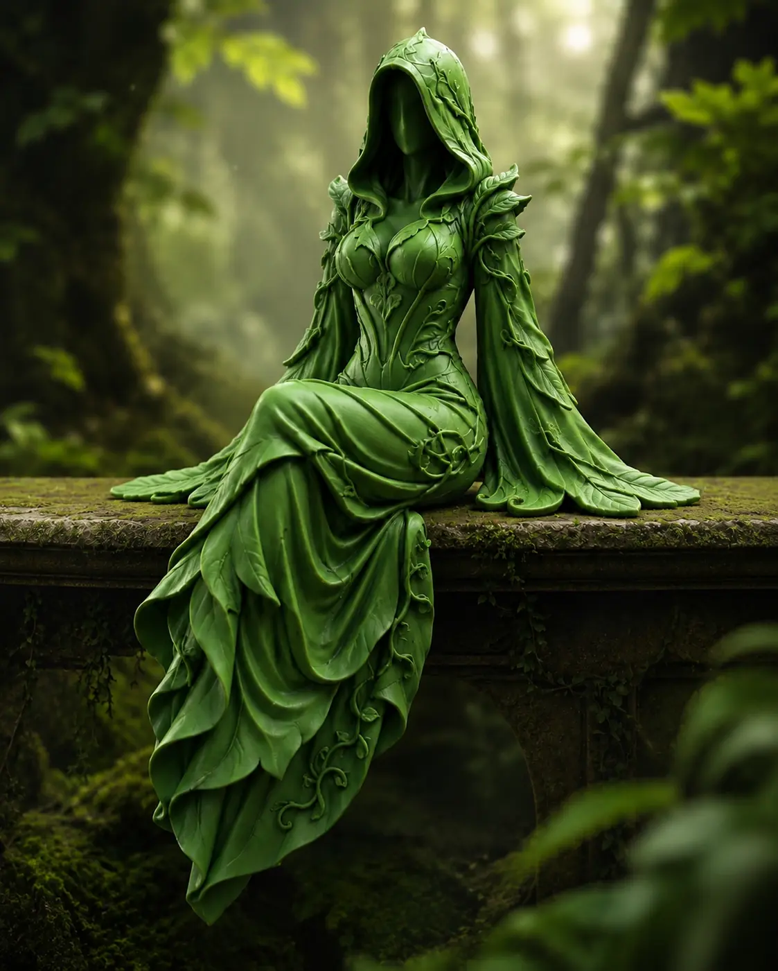 3D Printed Leaf Goddess Figurine - Nature Element Hooded Lady Edge-Sitter, Forest Spirit Woodland Fantasy Statue for Home Decor Shelf Display