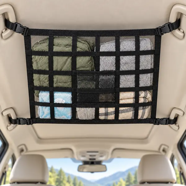 Double-Layer Polyester Mesh Car Ceiling Cargo Storage Organizer - Roof Storage Net, 19.69x27.56in, 10.63in, 30 Grids, Webbing Handle, Buckle Fixing, Adjustable Rope, Space-Saving, Universal for Trucks/SUVs, Camping Accessory for Travel Lovers