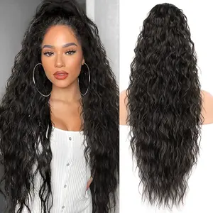 Long Curly Black Drawstring Ponytail Extension 30 Inch Synthetic Comb Clip in Pony Tails Hairpieces for Women Voluminous Natural Looking Curly Wavy Ponytails
