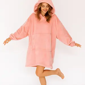Women's Solid Color Flannel Oversized Blanket Hoodies Soft Hooded Blanket Robe With Kangaroo Pockets Perfect For Home, Holidays, Office, Or As A New Year's Gift