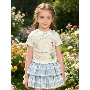 Girls' Sweet Unicorn 2pcs Set Summer New Lace Trim Fitted Top Shiny Cake Skirt, Perfect for Outdoor