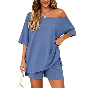 Women's Asymmetrical Shoulder 2-Piece Lounge Set - Asymmetrical Top & Loose Shorts with Pockets, Soft Viscose Summer Casual Wear