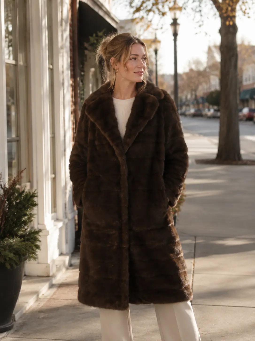 Faux Sable Fur Maxi Coat Women, Notched Lapel Diagonal Cut Striped Luxury Winter Warm Long Furry Overcoat