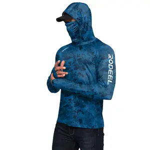 RODEEL 934 Sun Hoodie Shirts w/ UV Detection Logo Mask Neck Gaiter Thumbhole Men UPF 100+ Sun Protection Long Sleeve Lightweight Quick Dry Moisture Wicking Breathable Athletic Activewear for Outdoor Fishing Boating Construction Roofing Framing summervibes