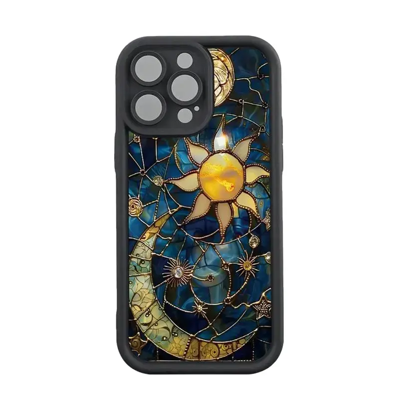 Vintage Moon and Sun Pattern Silicone Phone Case, Military-Grade Shockproof Non-Slip Cover for iPhone 17,16,15,14 Pro Max,13,12,11,XR,XS Plus - Mobile Phone Accessories