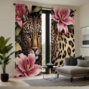 2 Piece Curtain Set, Bedroom Insulated Half Shade Curtains, Leopard Flower Print, Cartoon Animal Design, Polyester Material