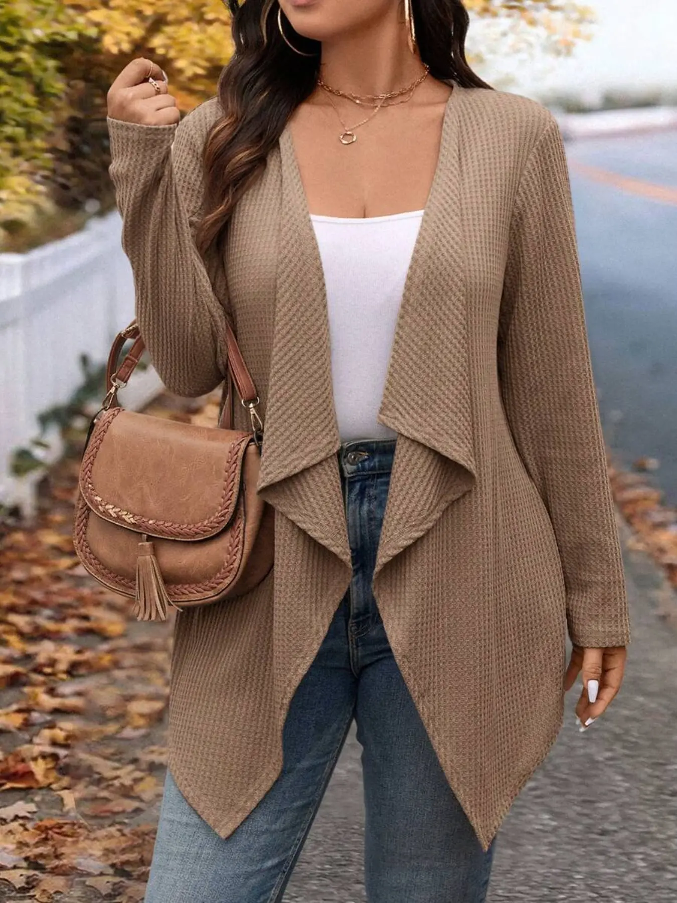 Waffle Pattern Asymmetrical Cardigan, Spring & Fall Lazy Style Long Sleeve, Flowy Versatile Sun Protection Outerwear