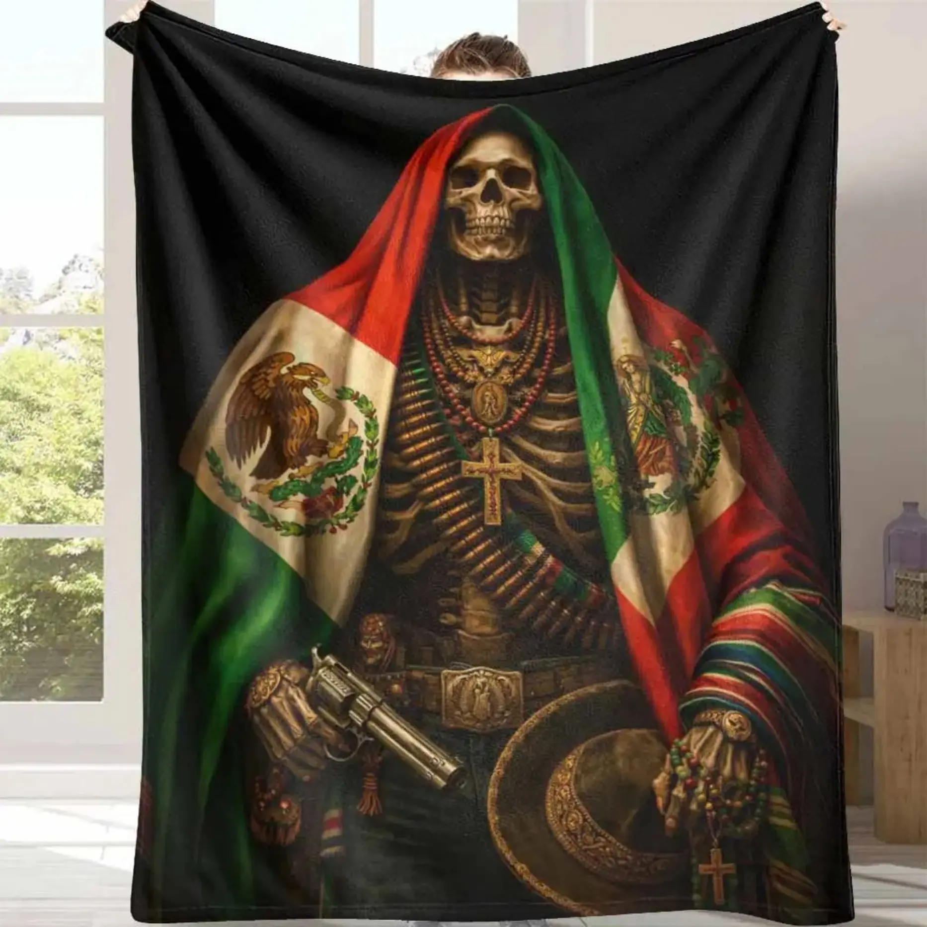Mexican Skeleton Flag Flannel Throw Blanket, Day of Dead Western Style Soft Warm Cozy Fleece for Home Decor Couch Festival Party Gift, Kids Blanket, Adult Blanket