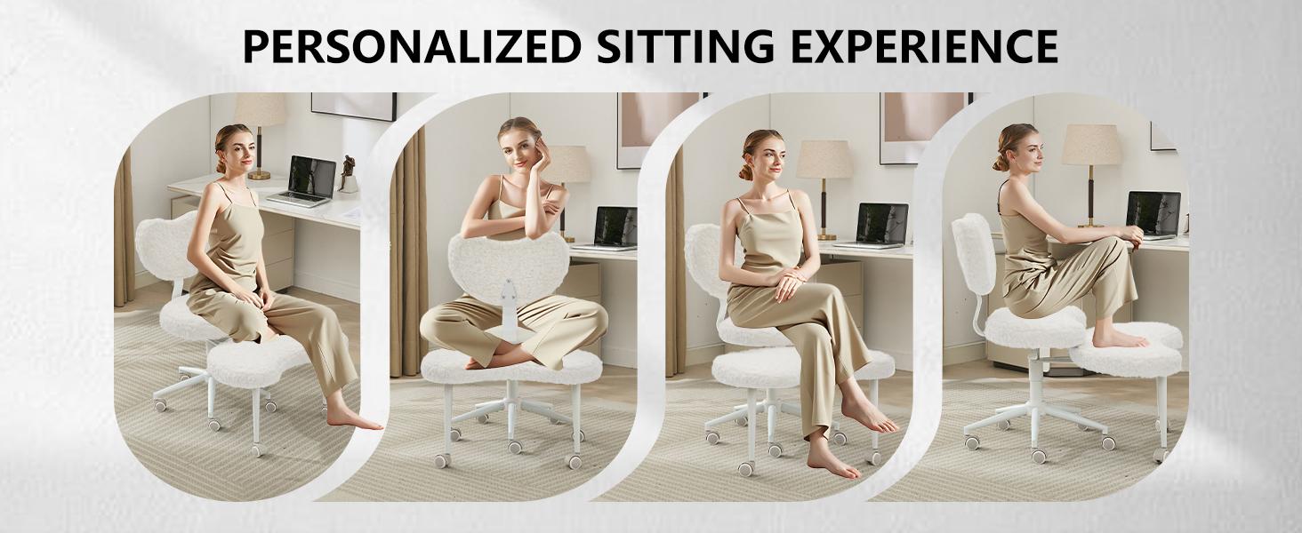 Cream Cross Legged Office Chair with Wheels–360°Swivel Meditation Chair, Adjustable Height Yoga Office Chair for Adults, Ergonomic Kneeling Chair with Back Support for ADHD, Faux Fur,