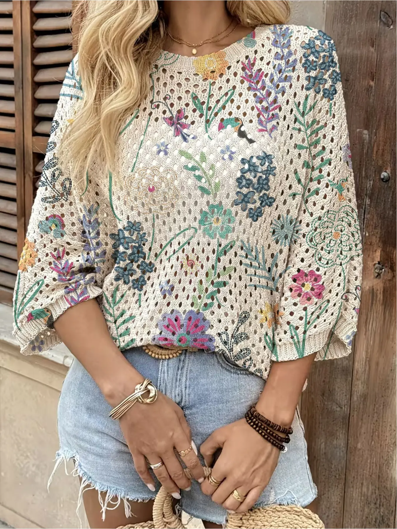 Spring & summer Bohemian Boho lady knit top, round neck, hollow-out batwing sleeves, loose fit. Contrast floral print, lightweight. Suitable for daily, commute, vacation and beach bikini cover-up, casual and elegant. Womenswear