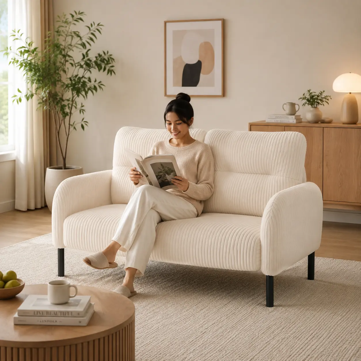 BC Modern Boneless Corduroy Sofa Set - 2-Seat Double Couch, Soft Corduroy, Fixed Arms, Clean Design, for Living Rooms & Bedrooms (NYC Reset Option)