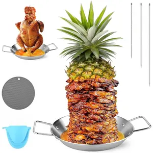 1Set Stainless Steel Vertical Skewer Rack – 3-Piece Removable BBQ Skewers (8"/10"/12") for Oven/Grill/Smoker | Perfect for Al Pastor, Shawarma – Includes Gloves & Mat